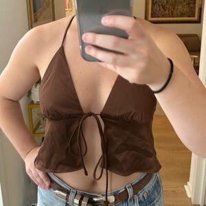 Brown Halter Tie-Front Tank Top